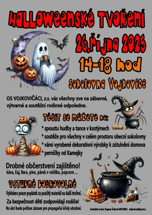 Pozvánka na rodinnou akci "HALLOWEENSKÉ TVOŘENÍ 26.října 2025" do Vojkovic